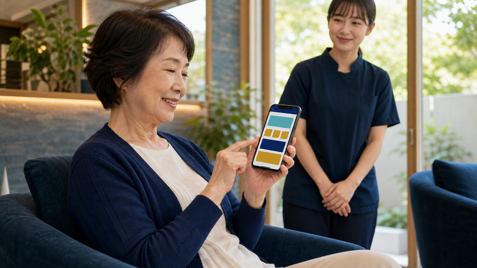 スマートフォンの見やすい文字と押しやすいボタンを利用するシニア世代の顧客