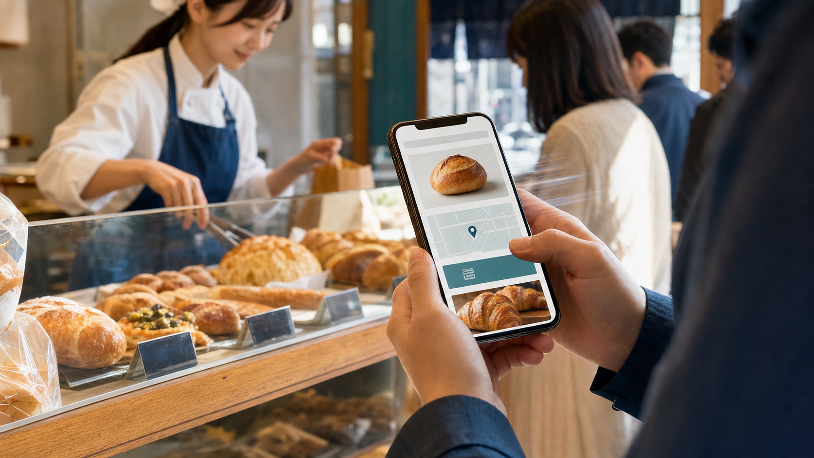 パン店で商品情報をスマートフォンから素早く確認する利用者