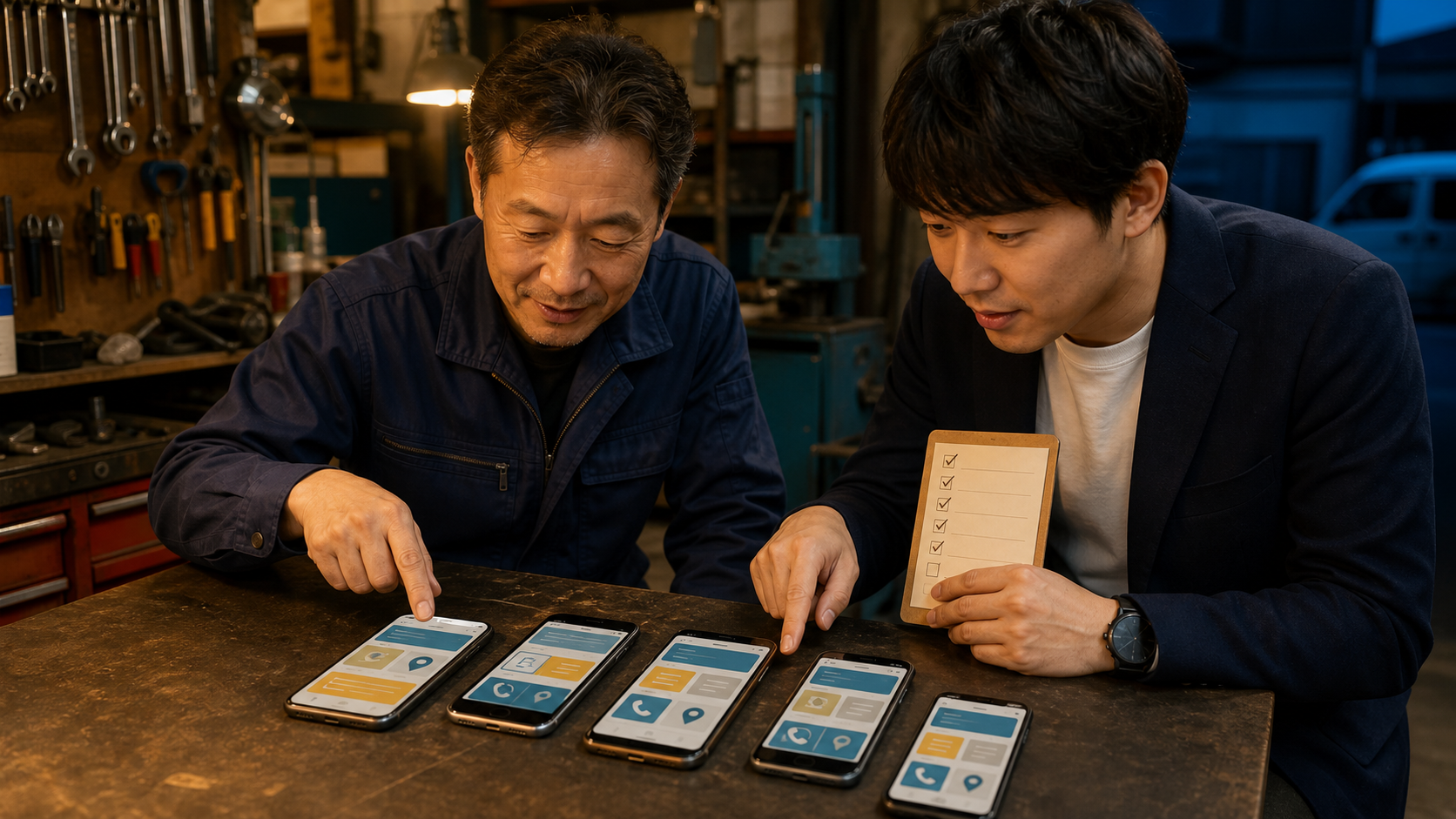 複数サイズのスマートフォンでホームページを確認する工房の担当者
