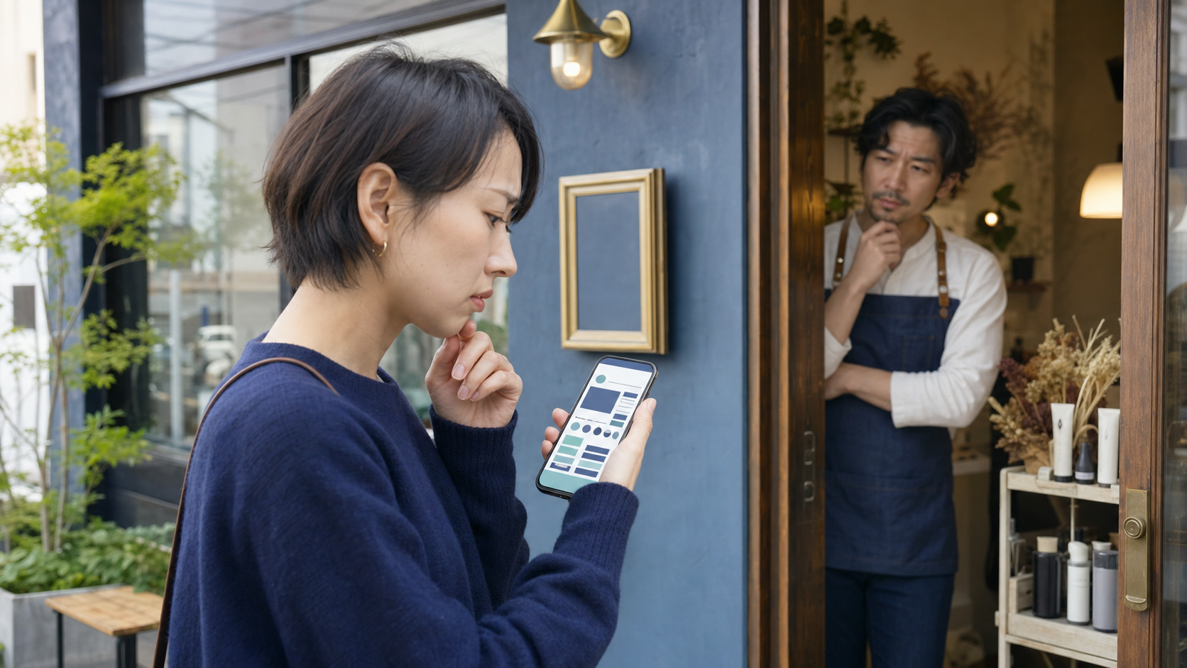 店舗前でスマートフォン表示の見づらさに困る利用者と、その様子に気づく店舗オーナー