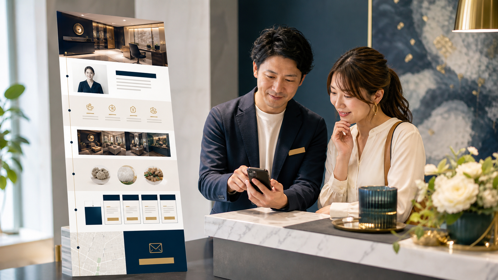 事業紹介からサービス、実績、料金、アクセス、問い合わせへ続く1ページの流れを確認する二人