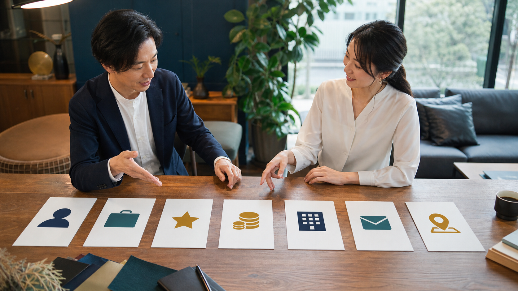 プロフィール、サービス、選ばれる理由、料金、会社情報、問い合わせ、アクセスの7項目を整理する様子