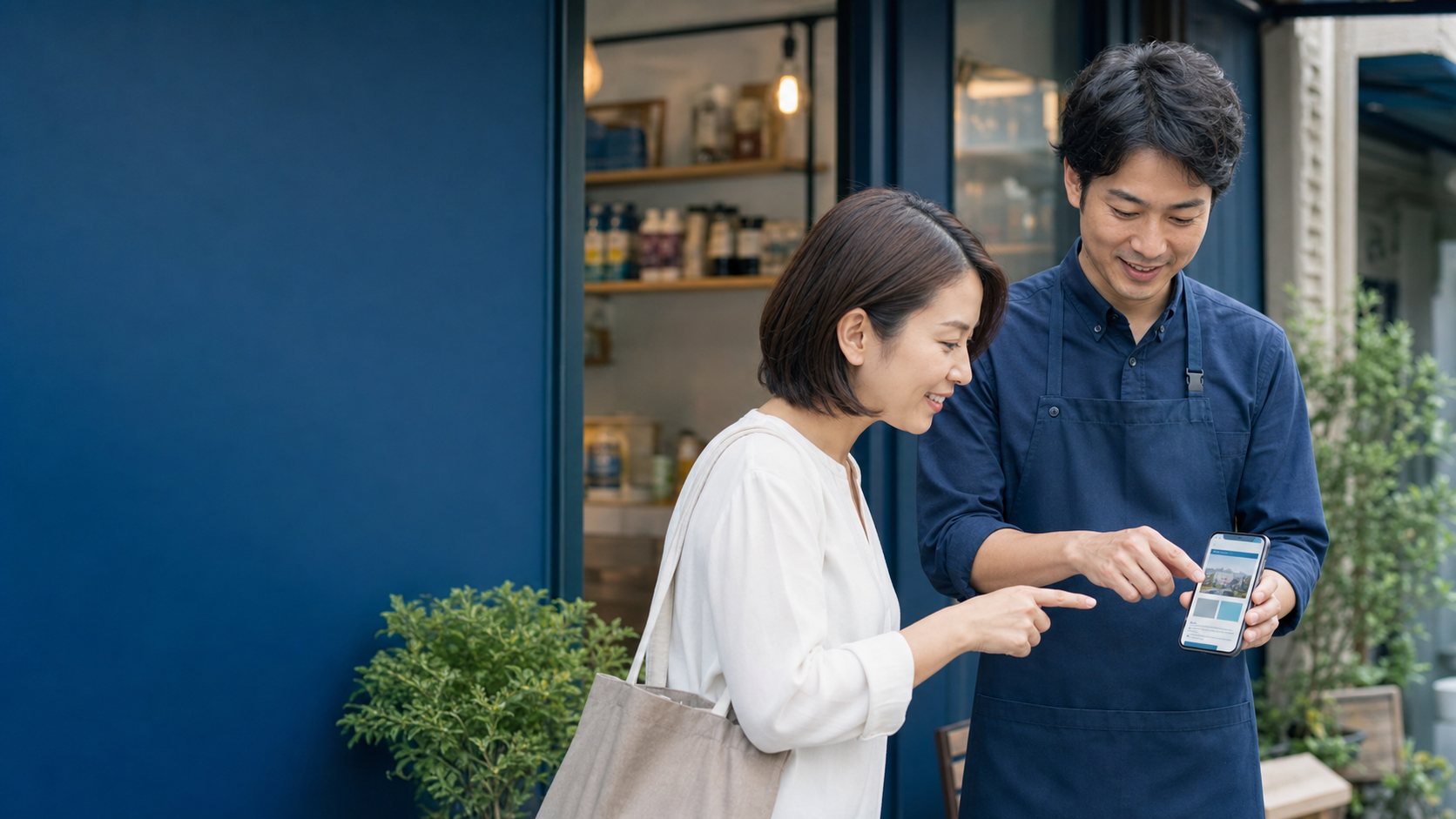店舗前でスマートフォン対応のホームページを確認する店主と利用者