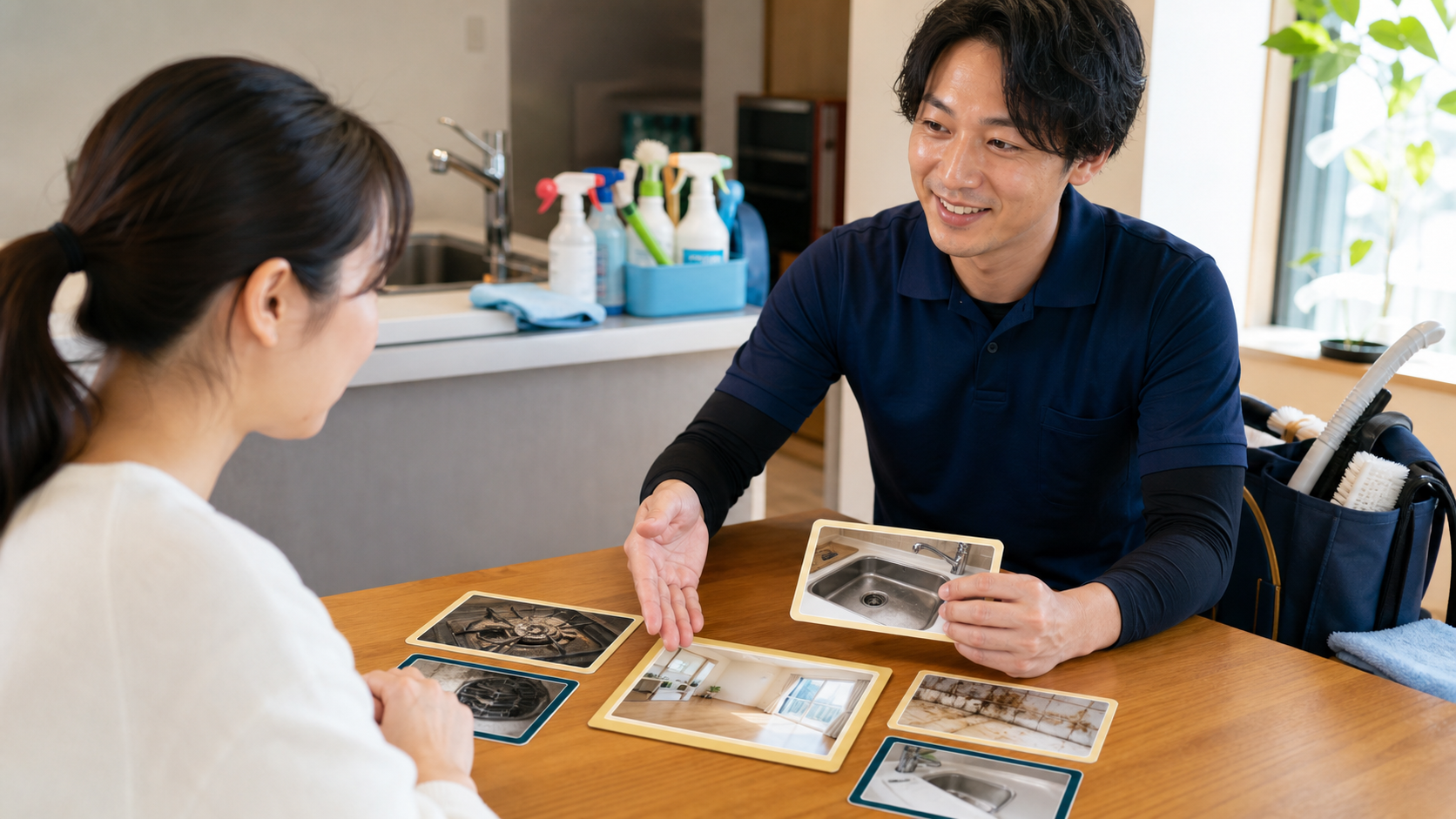 基本サービスと追加作業の条件を写真カードで説明する清掃事業者