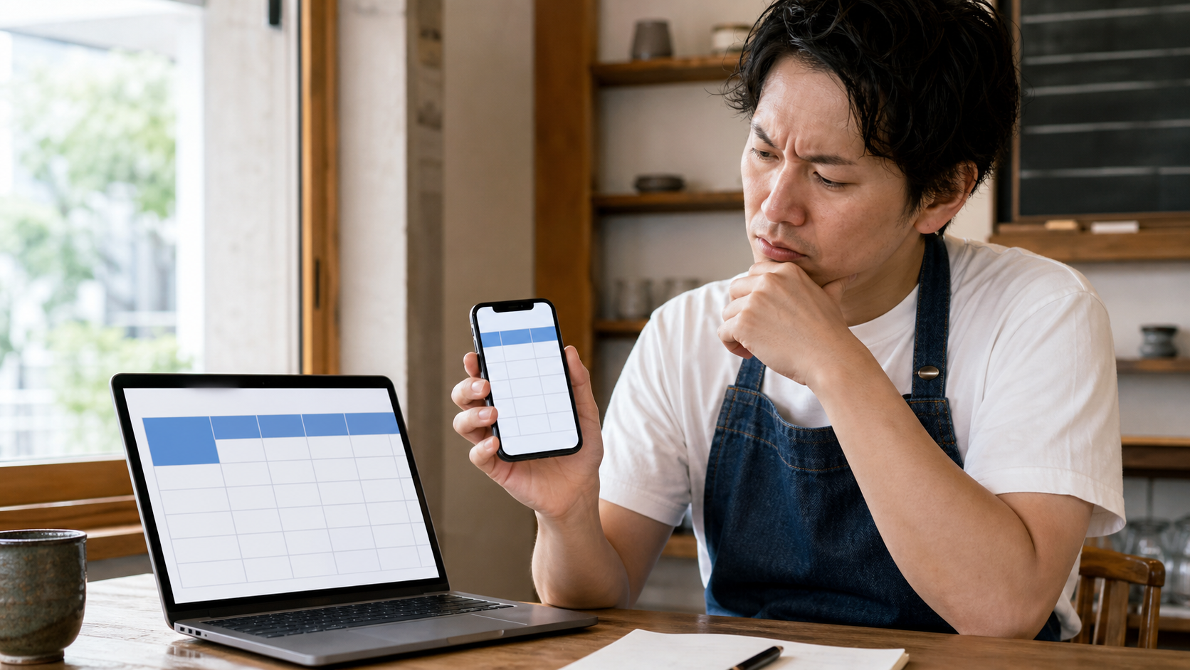 横にはみ出した料金表をスマートフォンで確認する担当者