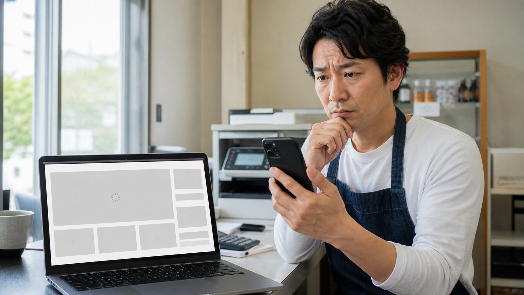 大きな画像によって表示が遅いスマートフォンサイトを確認する担当者