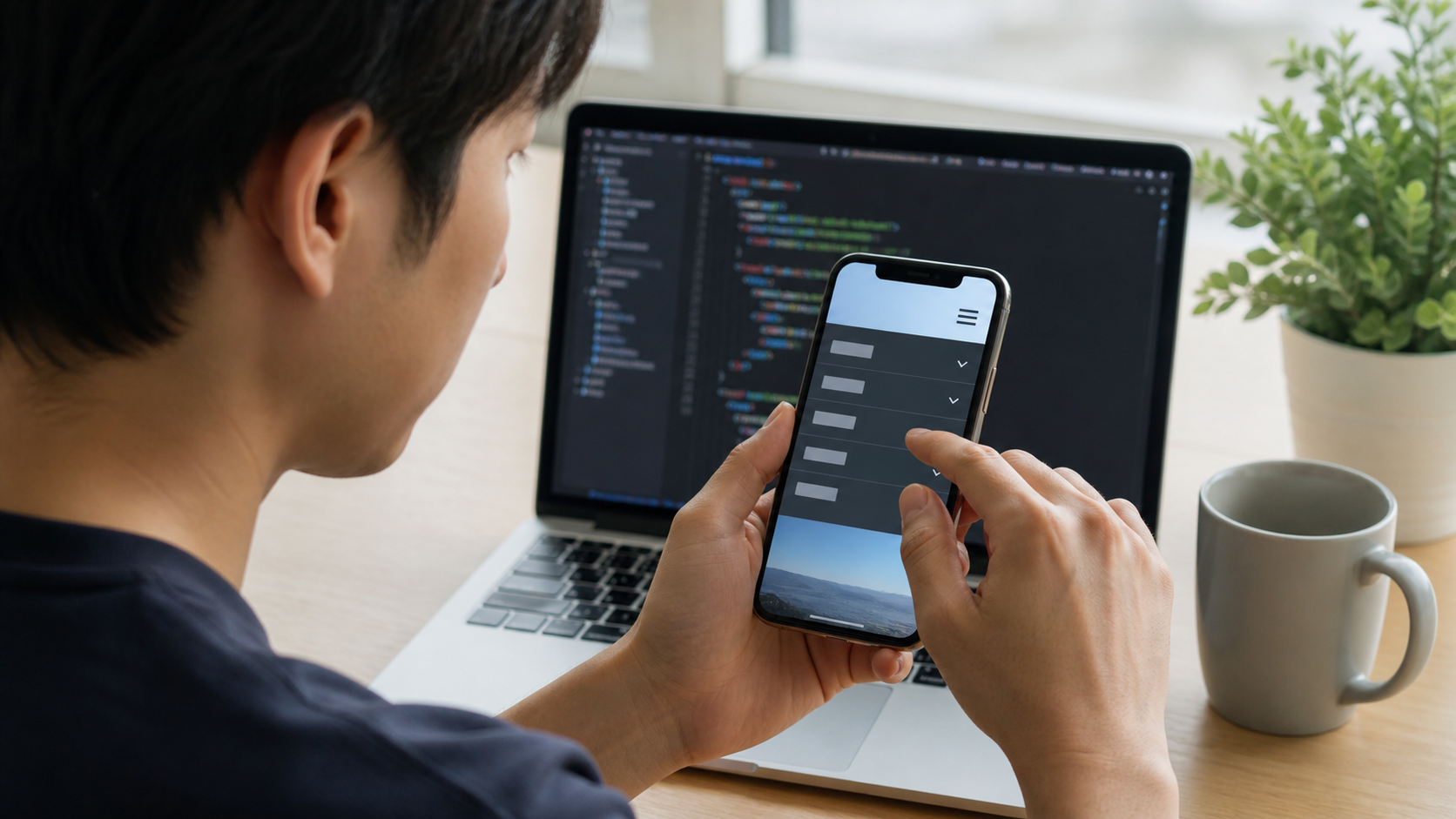 スマートフォンの三本線メニューとナビゲーション構造を確認する担当者