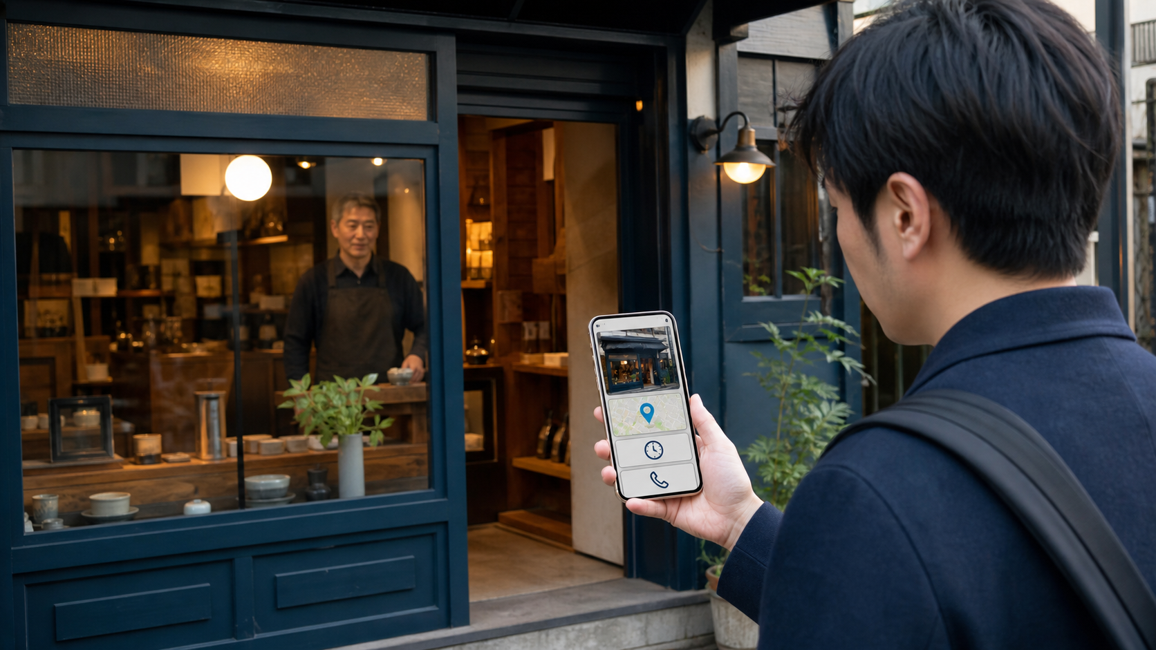スマートフォンの会社情報と実際の店舗外観を確認する利用者