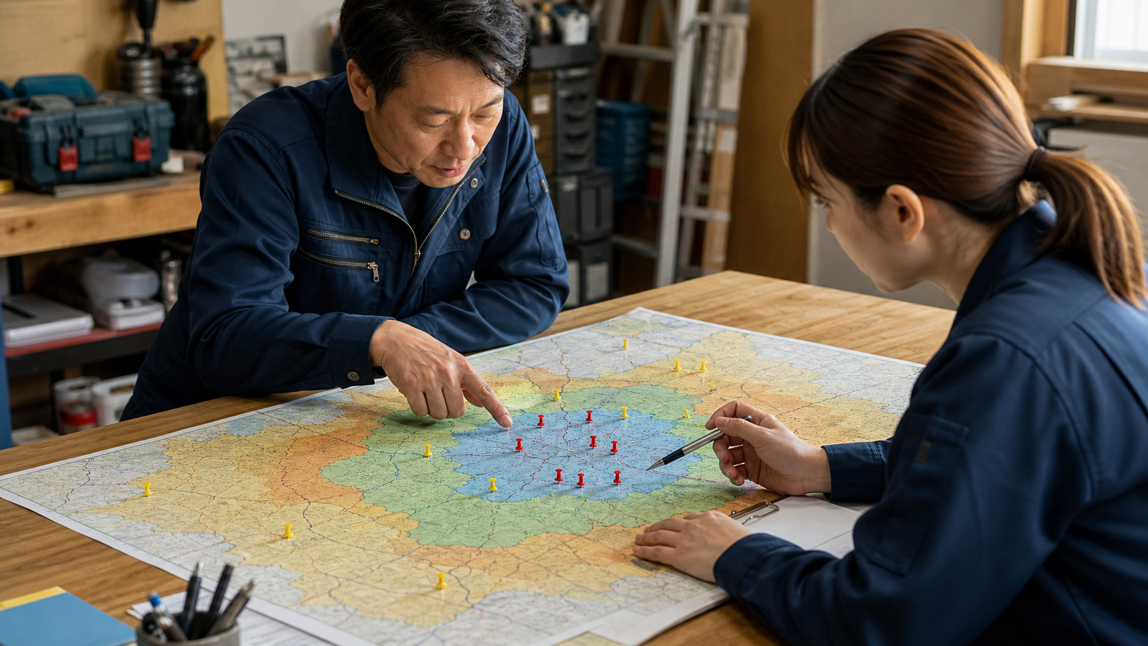 地図上で中心対応地域と相談可能地域を整理する事業者