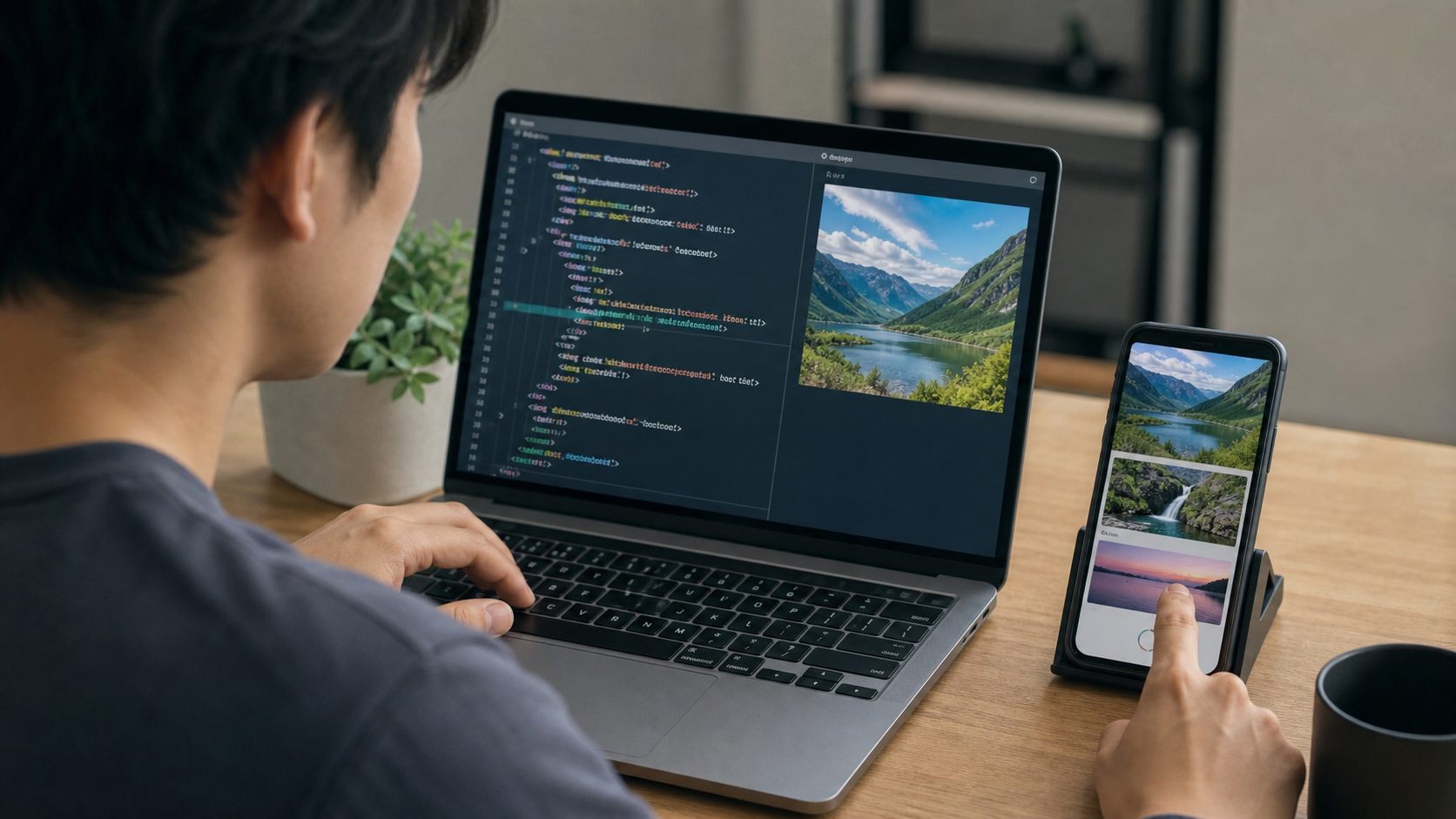 画像の遅延読み込みコードとスマートフォン表示を確認する制作者