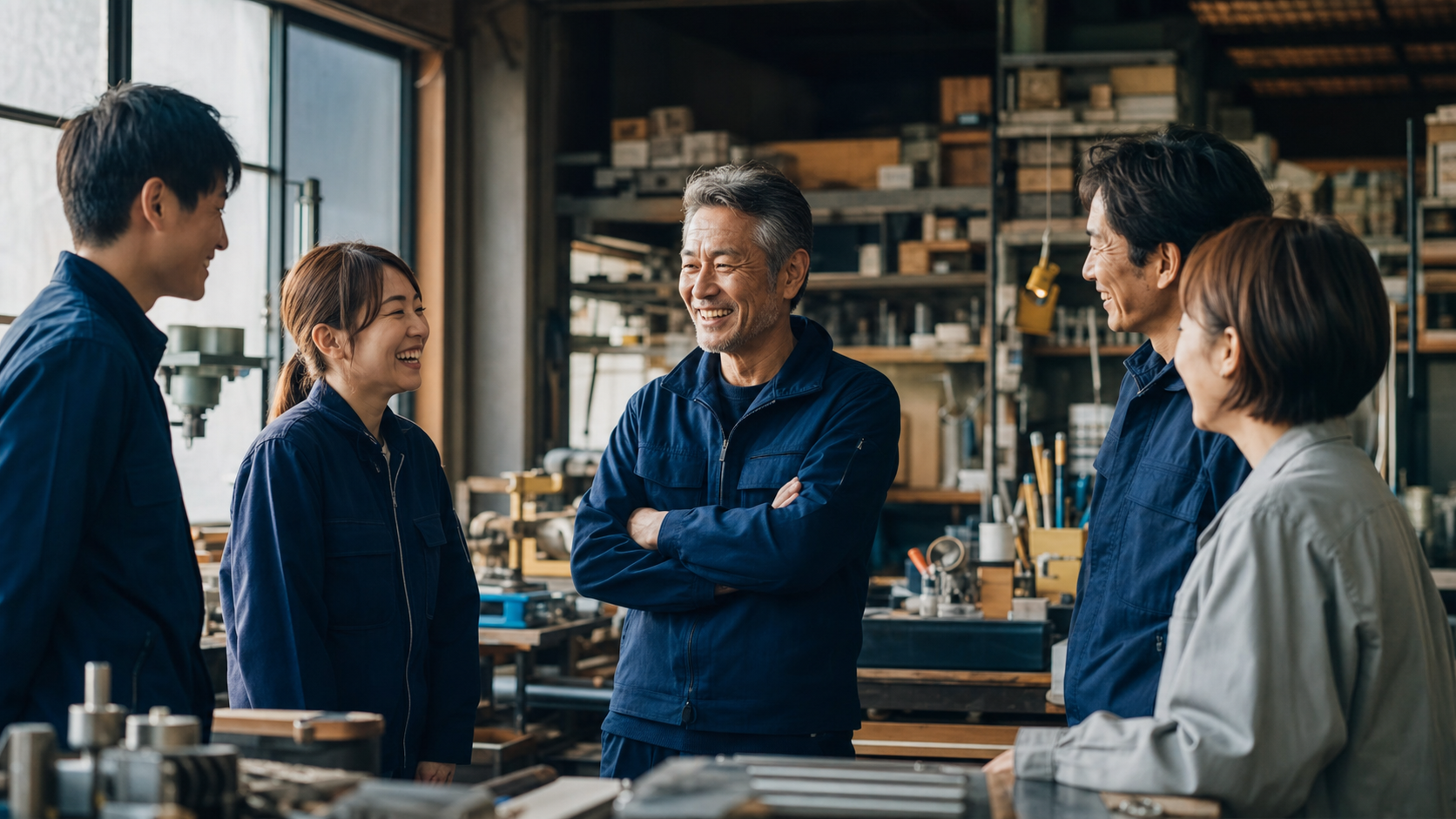 実際の工房で自然に撮影された代表者とスタッフ