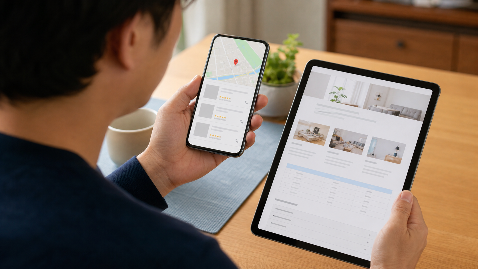 地図情報と店舗ホームページの詳しいサービス案内を比較する利用者