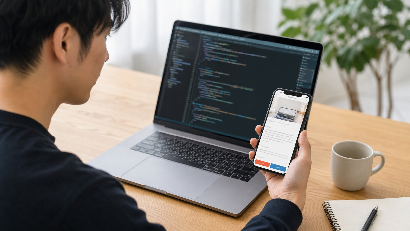 スマートフォン表示とCSSコードを確認するWeb制作者