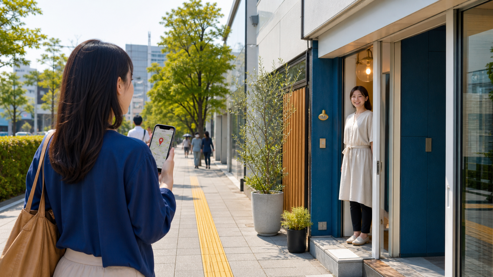 駅からスマートフォンの地図を見ながら店舗へ向かう利用者