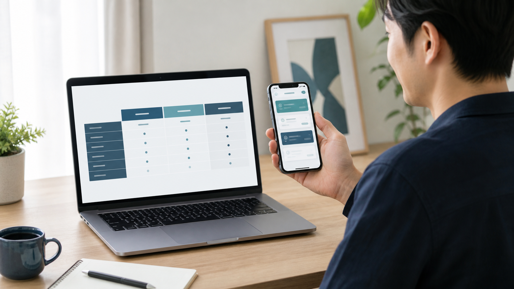 パソコンの表とスマートフォンのカード型料金表示を比較する制作者