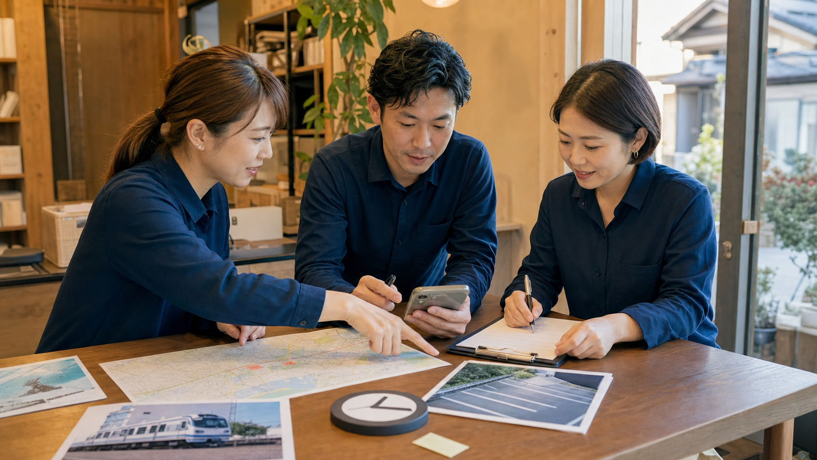 地図や営業時間、交通手段、駐車場情報を確認する店舗スタッフ