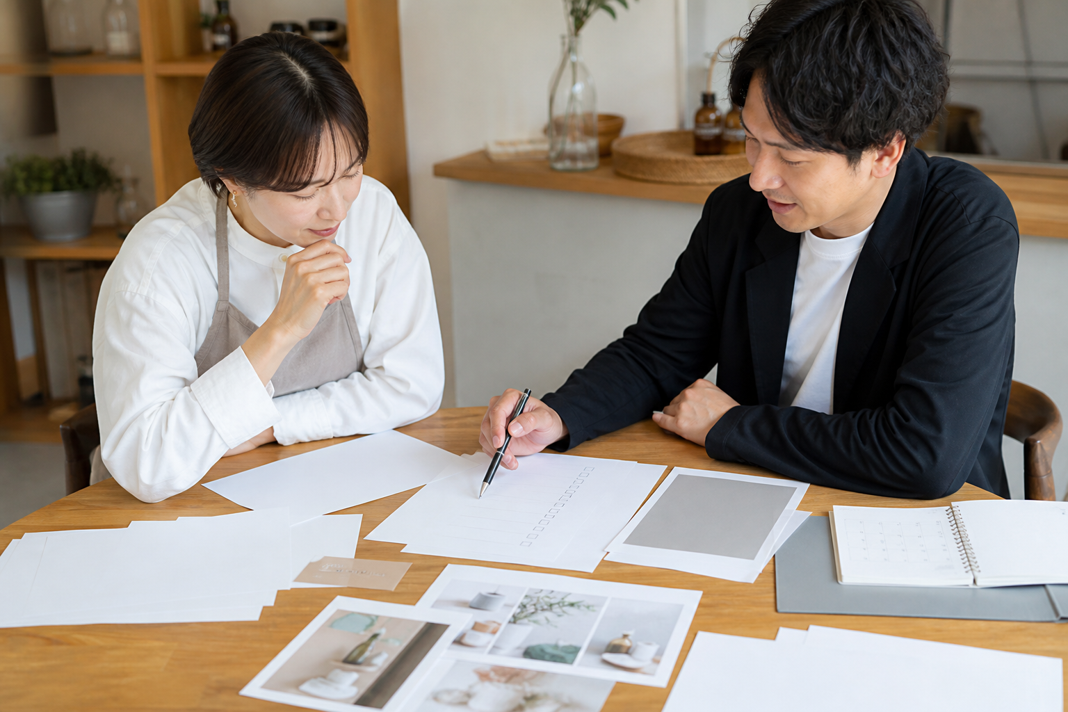 ホームページ制作の相談用に資料を確認する事業者と制作者